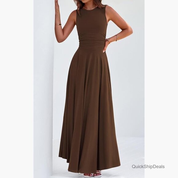 Sleeveless Crewneck A-Line Maxi Dress Stretch Tank Flowy Long Dress - Picture 4 of 7